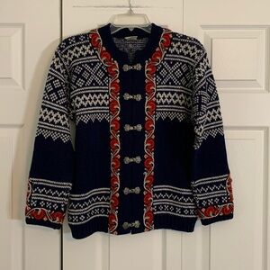 Vintage 1970s Women’s Nordic Evebofoss Wool Folk Cardigan with Hook Closure.  M1